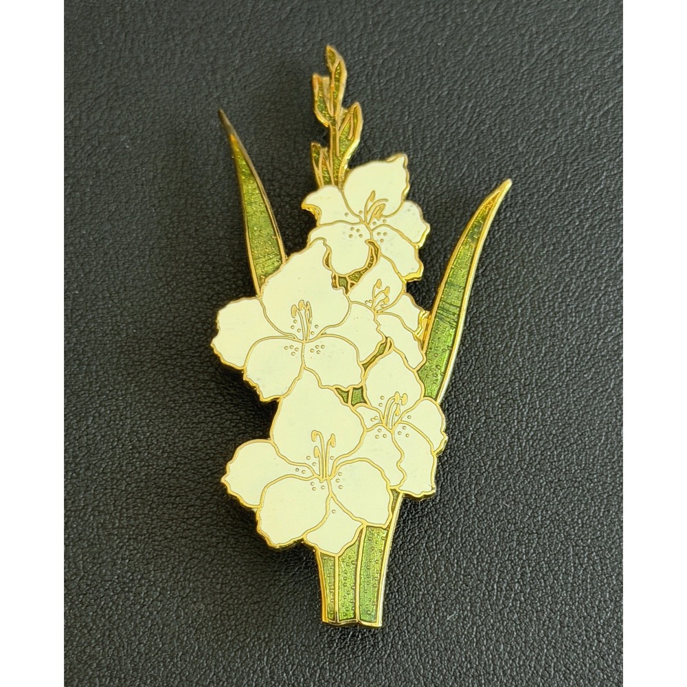 Vintage Enamel Gladiolus Flower Brooch Gold Tone White Fish Enterprises